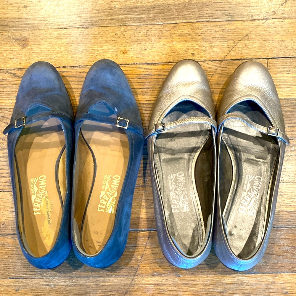 Salvatore Ferragamo Audrey Mary Jane Bundle, Grey Suede and Gold Metallic, sz 9